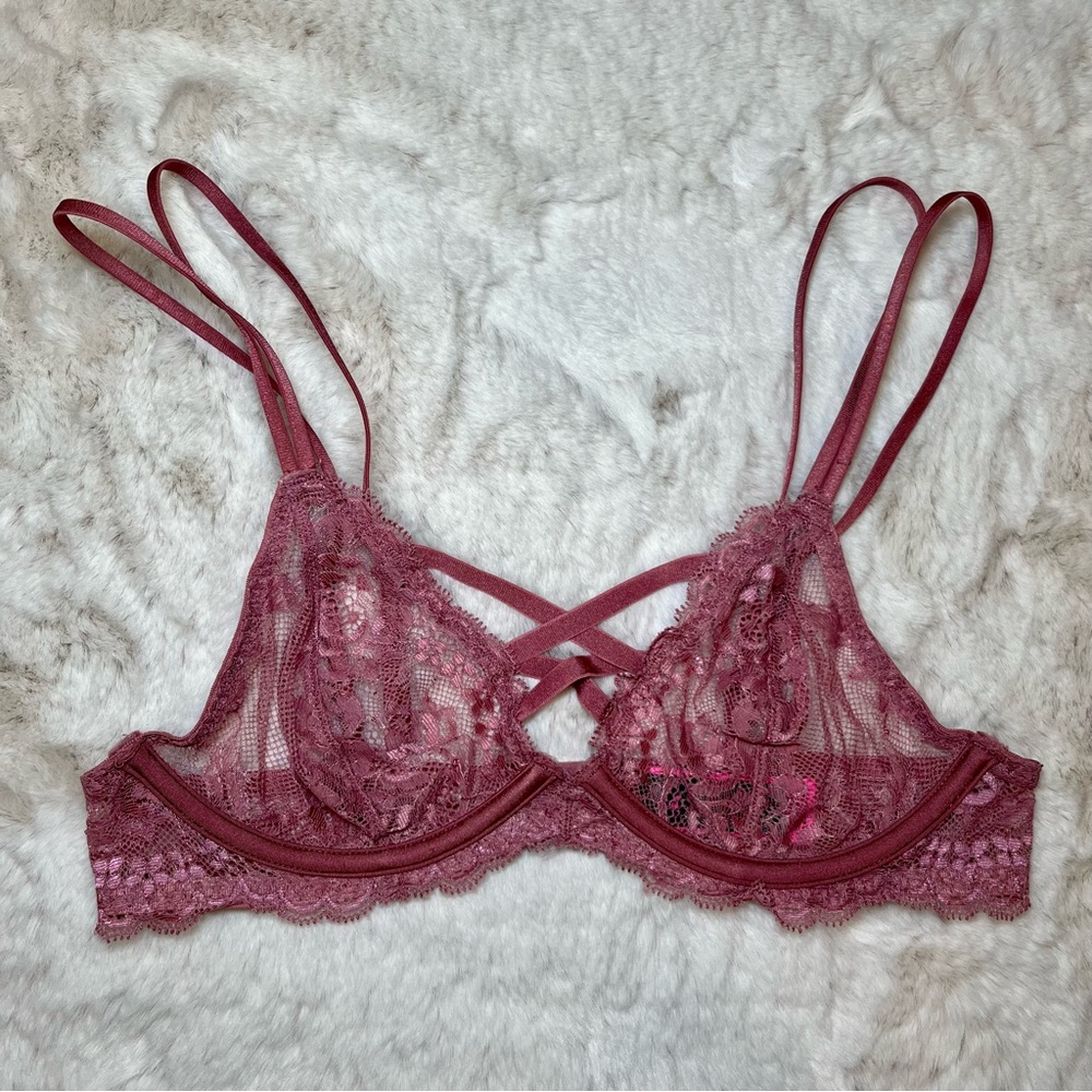La Senza Unlined Strappy Floral Lace Bra Dusty Rose Size XS